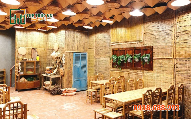 Mê bồ tre ốp trần ốp tường — Hướng dẫn thi công & Báo giá 2026 Mê bồ tre trang trí nhà hàng quán ăn